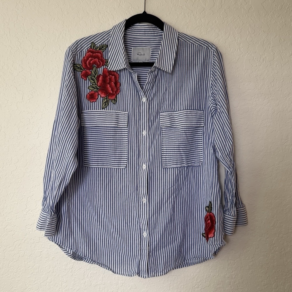 Rails Button Down Shirt Top Women's Large Blue White Banker Stripe Embroidered